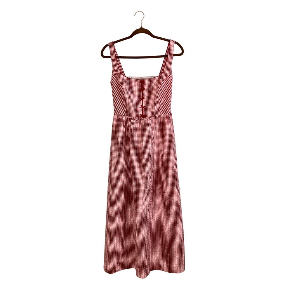 NWT Caroline Constas Gingham Bow Maxi Dress Red White Size S Smocked Cottagecore
